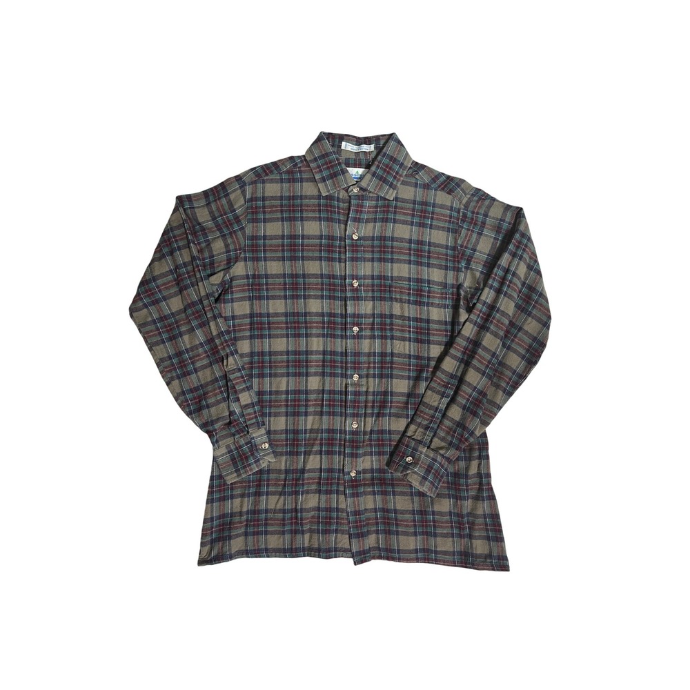 Vintage Maine Stream Duofold Plaid Flannel Shirt Mens M Navy Burgundy Cotton